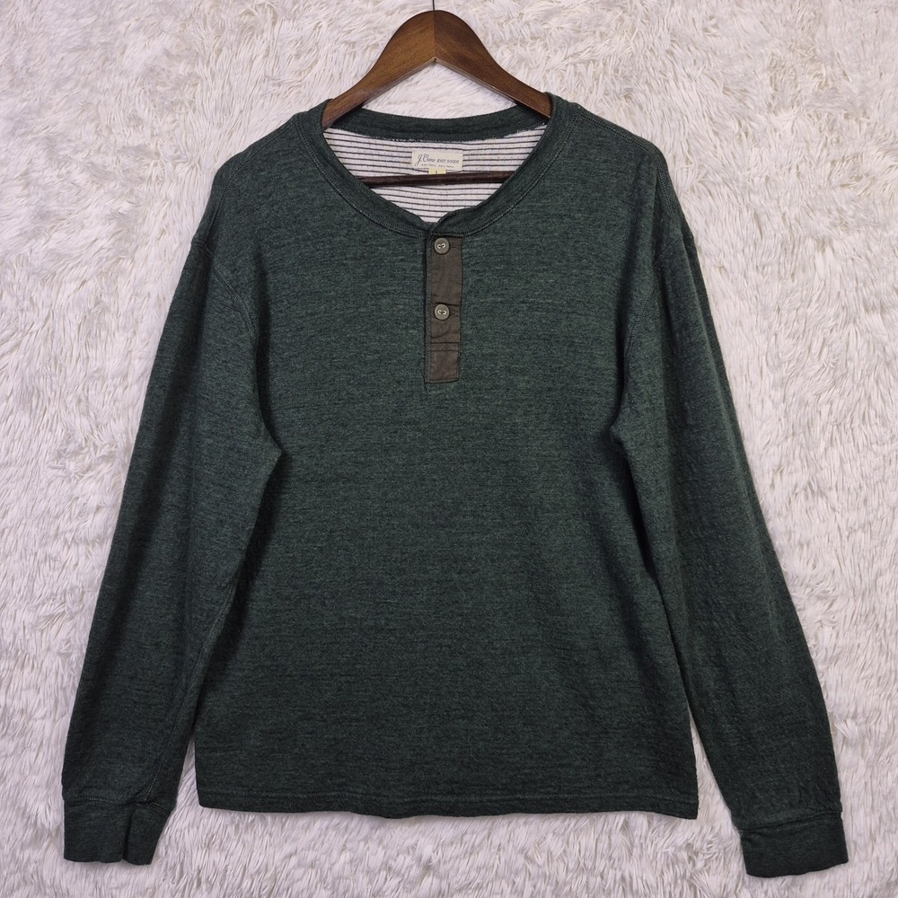 J Crew Mens Double-Knit Henley‎ Long Sleeve Emerald Green Egyptian Cotton Large